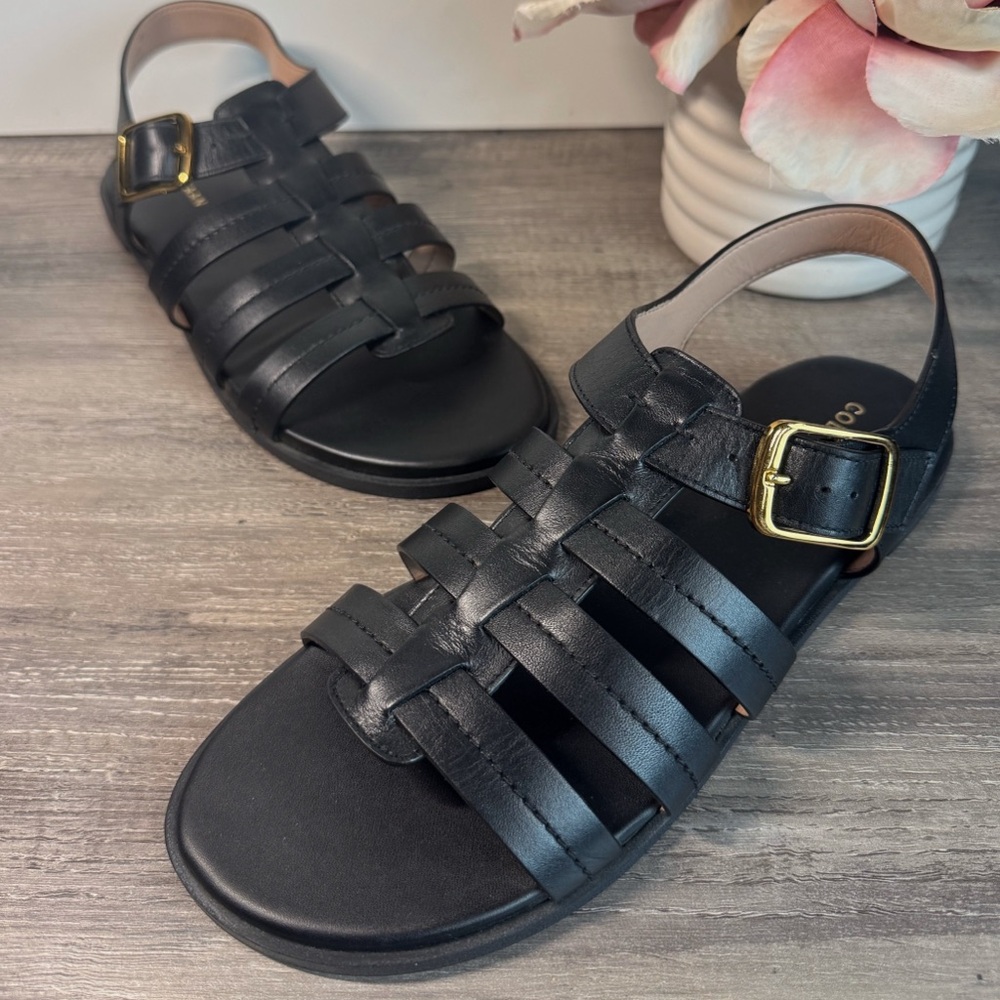 Cole Haan Black Leather Strappy Sandal with Gold Buckle Accent - Picture 4 of 11